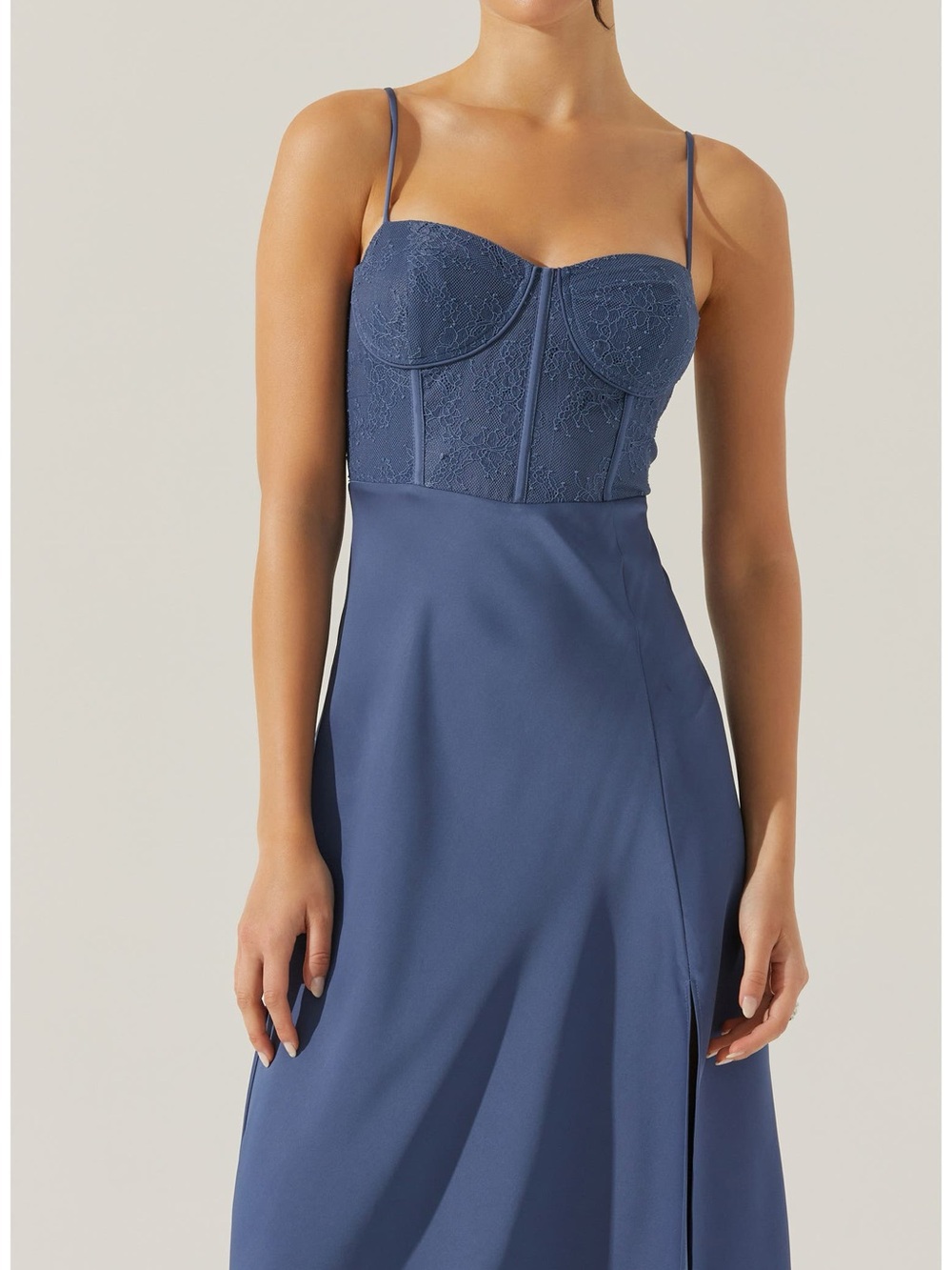 ASTR THE Label Slate Blue Lace Bustier Midi Dress